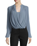 Jaklyn Drape-Front Blouse, Light Blue Haze