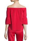 Stretch Faille Boxy Off-the-Shoulder Top, Cadmium Red