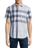 Exploded Check Short-Sleeve Twill Shirt, Pale Stone