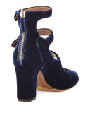 Ginger Velvet Three-Strap Pump, Blue