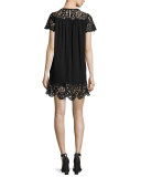 Lea Short-Sleeve Laser-Cut Dress, Caviar