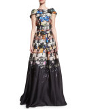 Folded Cap-Sleeve Degrade Organza Gown, Black/Blue