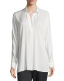 Long-Sleeve Split-Neck Silk-Blend Blouse
