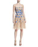 Floral-Appliqué Illusion Cocktail Dress. Gold/Blue