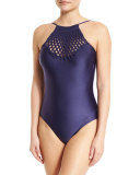 High-Neck Macrame One-Piece Swimsuit, Navy