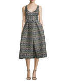 Sleeveless Chevron Brocade Midi Dress, Multicolor
