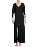 Megane Cape-Sleeve Maxi Dress, Black