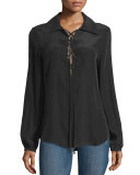 Lace-Up Silk Blouse, Noir