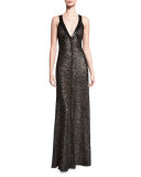 Sequined Crochet V-Neck Gown, Black