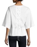 Boxy V-Neck Lace-Back Top, White