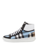 Lockhart Check & Leather High-Top Sneaker, Light Blue