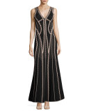 Lineisey Zigzag Pointelle Mermaid Gown, Black/Bare Pink