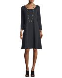 3/4-Sleeve Cotton Interlock A-line Dress, Black, Plus Size