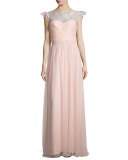 Cap-Sleeve Lace-Trim Tulle Gown, Blush