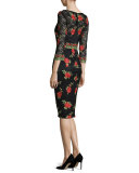3/4-Sleeve Rose-Embroidered Dress, Black/Red