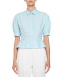 Crop-Sleeve Button-Front Blouse, Blue