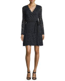 Shaelyn Lace Long-Sleeve Wrap Dress, Black/Navy/Black