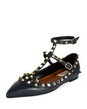 Pebbled Leather Rockstud Cage Ballerina Flat, Deep Denim