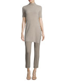 Short-Sleeve Side-Button Sweater, Taupe