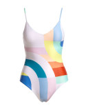 Classic V-Neck One-Piece Swimsuit, White/Multicolor