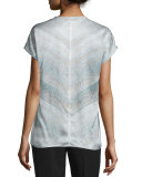 Zane Short-Sleeve Silk Chevron Blouse, Cloud Multi