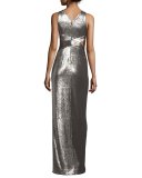 Sleeveless Cutout Metallic Column Gown, Antique Silver