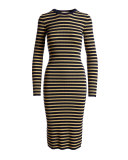 Metallic-Stripe Long-Sleeve Midi Dress, Maritime/Gold