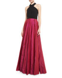 Sleeveless Beaded Jersey & Taffeta Ball Gown, Black/Magenta