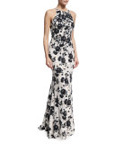 Embroidered Floral Lace Sleeveless Gown, Black/White