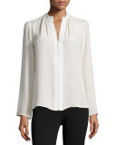 Long-Sleeve Slim-Fit Blouse, Muslin/Ivory