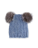 Mimi Knit Hat with Fur Pom Poms, Blue/Gray