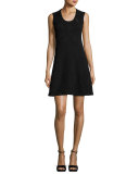 Sleeveless Rib-Stitched Zigzag Knit A-Line Dress, Black