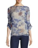 Floral Organza 3/4-Sleeve Blouse, Etched Floral