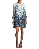 Mixed-Print 3/4-Sleeve Flutter Dress, Navy