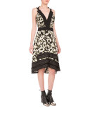 Sleeveless Vine-Print A-Line Dress, Black/Off White