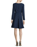 Geometric-Jacquard Long-Sleeve Dress, Navy