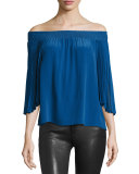 Elina Smocked Off-the-Shoulder Peasant Top, Navy