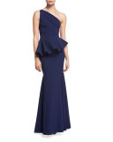 Desy One-Shoulder Peplum Gown, Blue Notte 