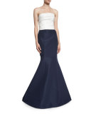 Strapless Colorblock Fishtail Gown, Ivory/Indigo