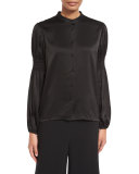 Shirred-Sleeve Stand-Collar Blouse, Black