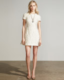 Short-Sleeve Matelasse A-Line Dress, Ivory
