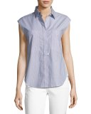 Sleeveless Striped Solid-Combo Poplin Shirt, Indigo