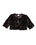 Faux-Fur Bolero w/ Pompoms, Black, Size 7-16