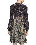 Bishop-Sleeve Snow Leopard Print Dress, Blue/Black
