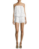 Kayla Embroidered-Eyelet Popover Romper, Ivory