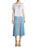 Button-Front Printed Silk Midi Skirt, Blue/Multi