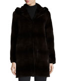 Hooded Horizontal-Mink Fur Coat, Blue Iris