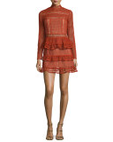 Long-Sleeve Tiered Lace Mini Dress, Crimson