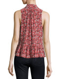 Estero Floral Silk Sleeveless Tie-Neck Blouse, Coral