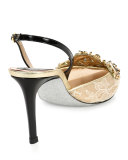 Crystal-Embellished Lace Slingback Pump, Beige/Black